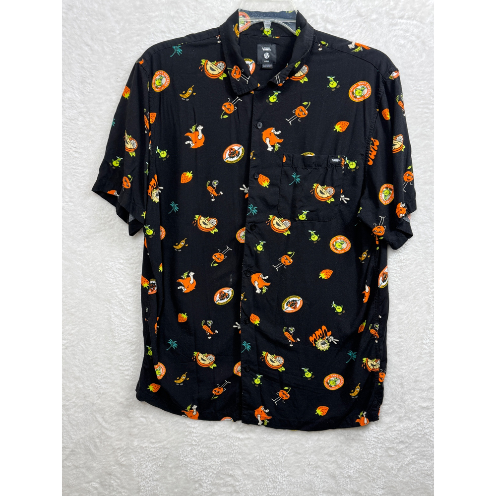 Vans Button Up Shirt Fruit Print Short Sleeve Casual Black Mens‎ Size Large